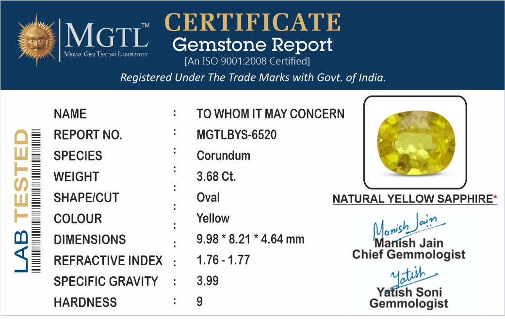 Thailand Yellow Sapphire - 3.68 Carat Prime Quality BYS-6520