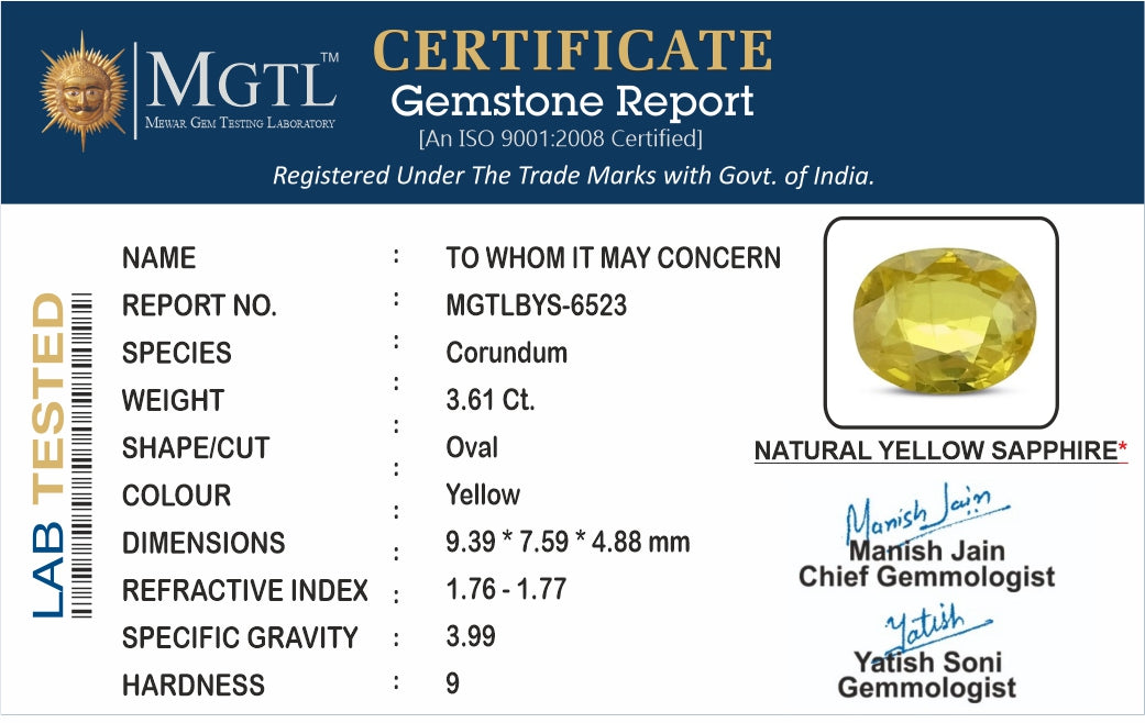 Thailand Yellow Sapphire - 3.61 Carat Prime Quality BYS-6523