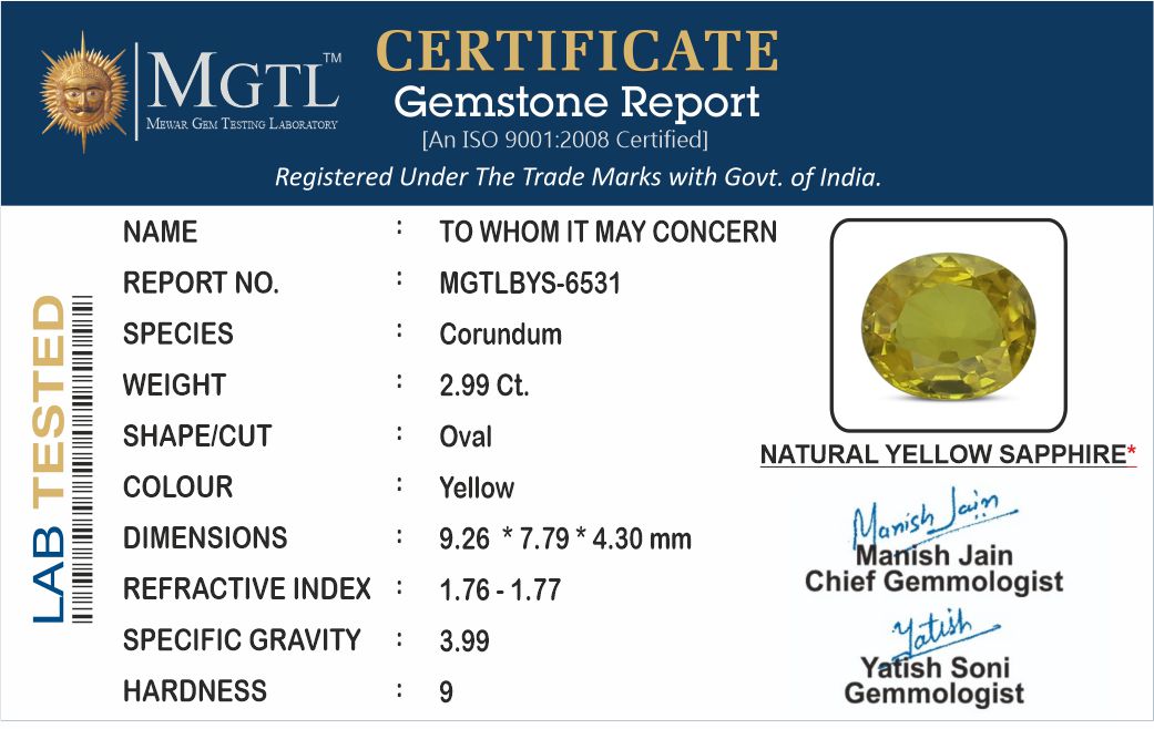 Thailand Yellow Sapphire - 2.99 Carat Prime Quality BYS-6531