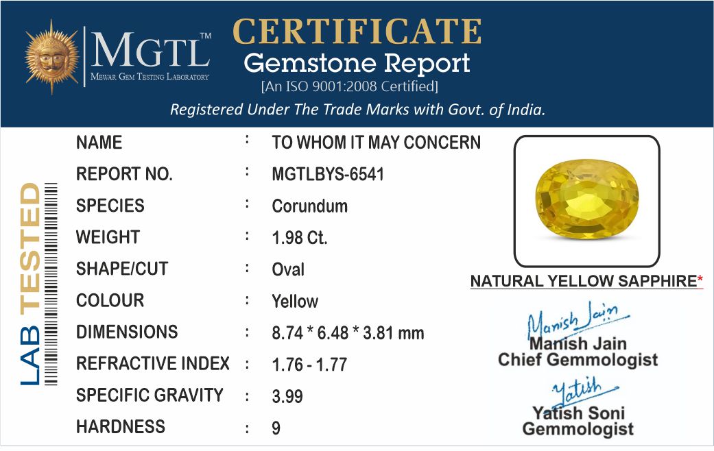Thailand Yellow Sapphire - 1.98 Carat Limited Quality BYS-6541
