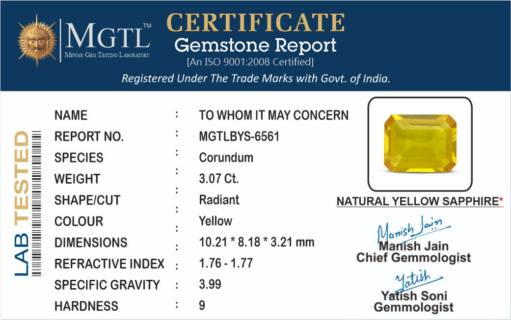 Thailand Yellow Sapphire - 3.07 Carat Limited Quality BYS-6561
