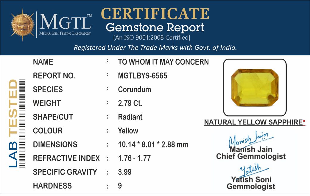 Thailand Yellow Sapphire - 2.79 Carat Prime Quality BYS-6565