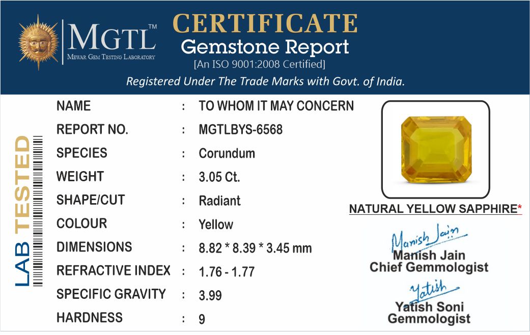 Thailand Yellow Sapphire - 3.05 Carat Limited Quality BYS-6568