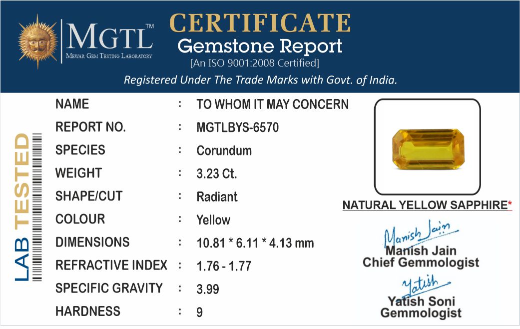 Thailand Yellow Sapphire - 3.23 Carat Limited Quality BYS-6570
