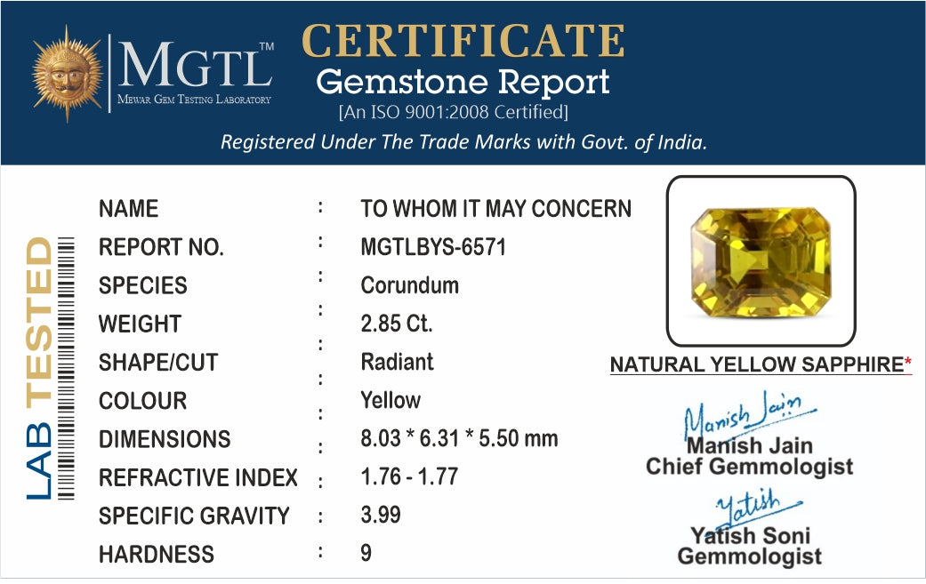 Thailand Yellow Sapphire - 2.85 Carat Rare Quality BYS-6571