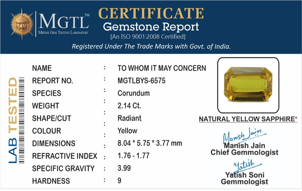 Thailand Yellow Sapphire - 2.14 Carat Rare Quality BYS-6575