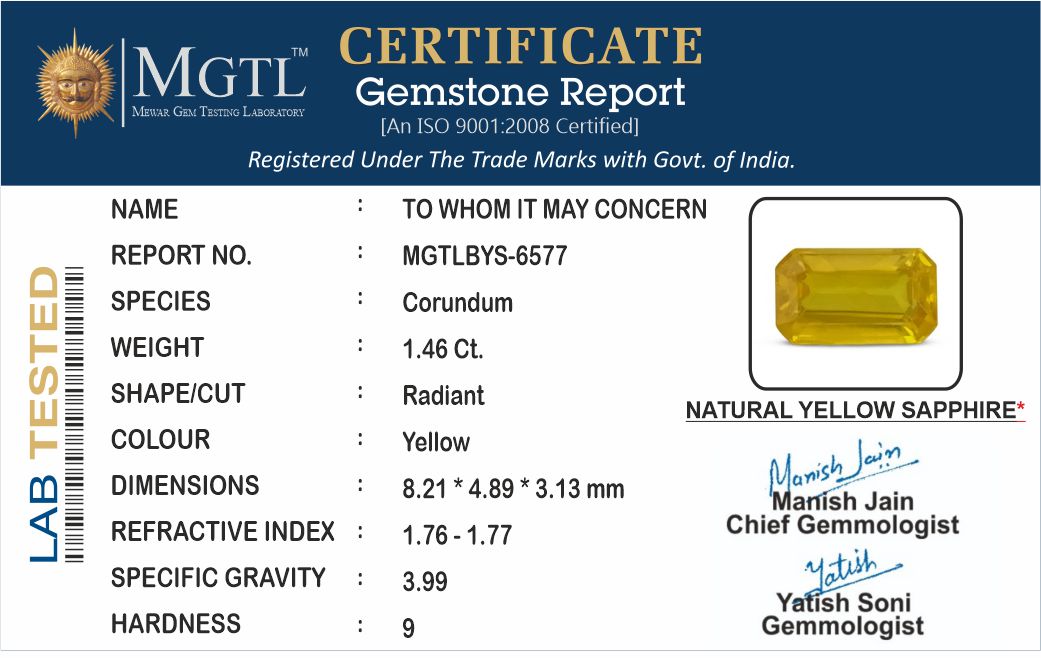 Thailand Yellow Sapphire - 1.46 Carat Prime Quality BYS-6577