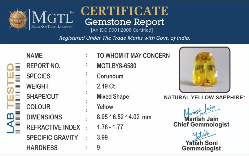 Thailand Yellow Sapphire - 2.19 Carat Prime Quality BYS-6580