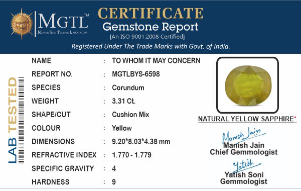 Thailand Yellow Sapphire - 3.31 Carat Fine Quality BYS-6598