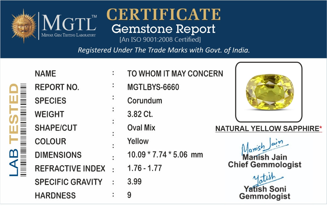 Thailand Yellow Sapphire - 3.82 Carat Limited Quality BYS-6660