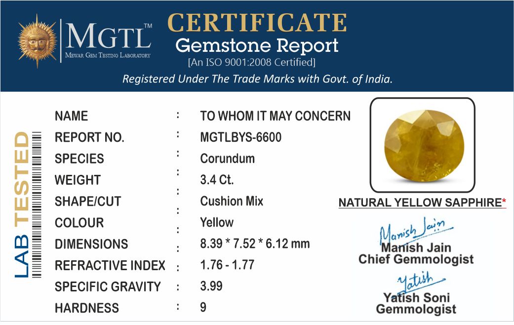 Thailand Yellow Sapphire - 3.4 Carat Fine Quality BYS-6600