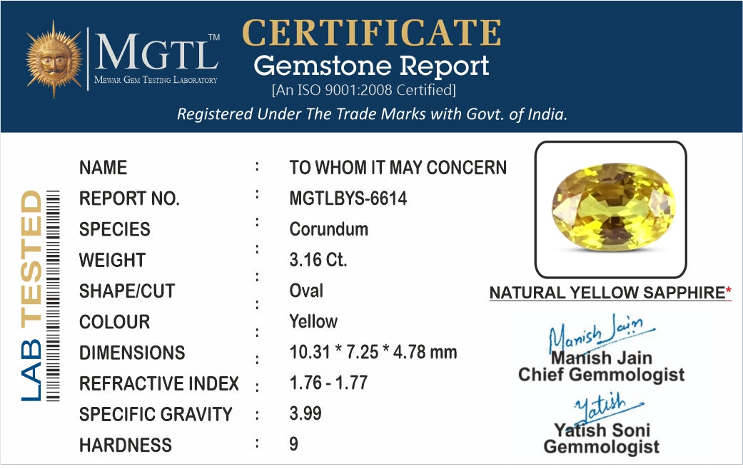 Thailand Yellow Sapphire - 3.16 Carat Limited Quality BYS-6614