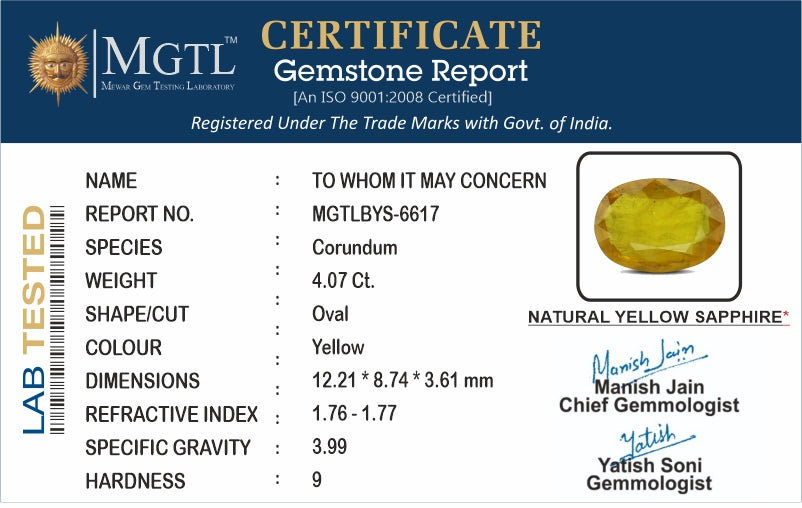 Thailand Yellow Sapphire - 4.07 Carat Fine Quality BYS-6617