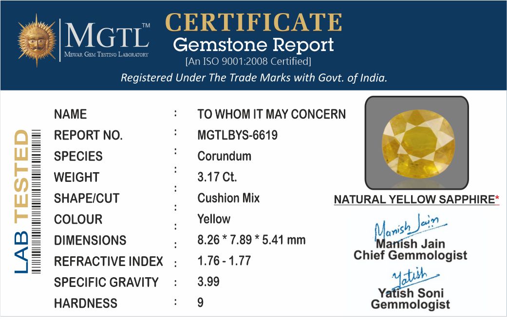 Thailand Yellow Sapphire - 3.17 Carat Fine Quality BYS-6619