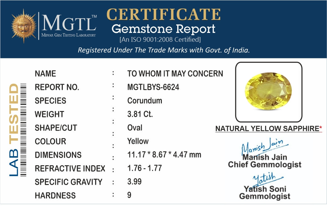 Thailand Yellow Sapphire - 3.81 Carat Prime Quality BYS-6624