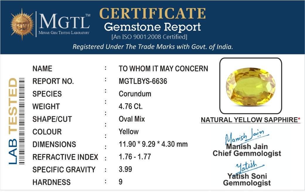 Thailand Yellow Sapphire - 4.76 Carat Limited Quality BYS-6636