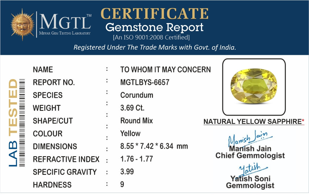 Thailand Yellow Sapphire - 3.69 Carat Limited Quality BYS-6657