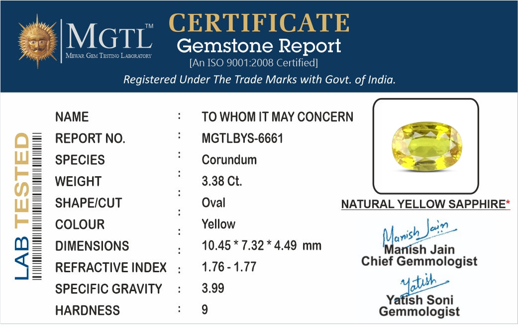 Thailand Yellow Sapphire - 3.38 Carat Limited Quality BYS-6661