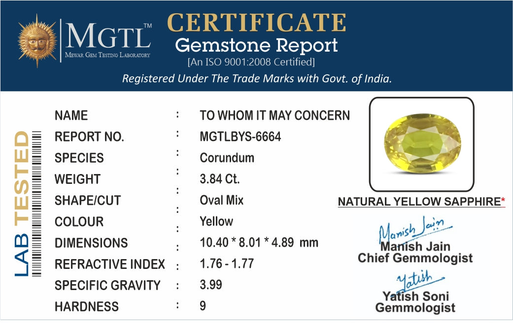 Thailand Yellow Sapphire - 3.84 Carat Limited Quality BYS-6664