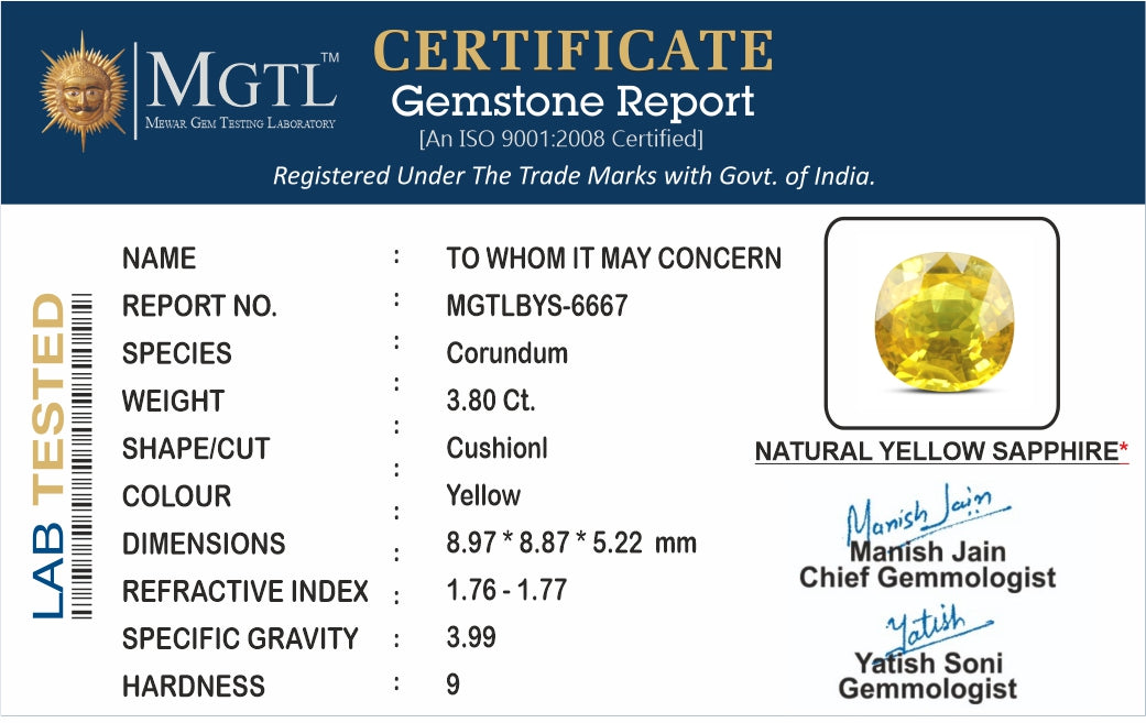 Thailand Yellow Sapphire - 3.80 Carat Limited Quality BYS-6667