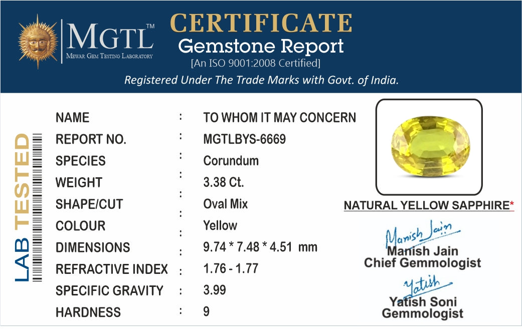 Thailand Yellow Sapphire - 3.38 Carat Limited Quality BYS-6669