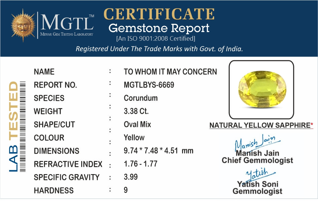 Thailand Yellow Sapphire - 3.38 Carat Limited Quality BYS-6669