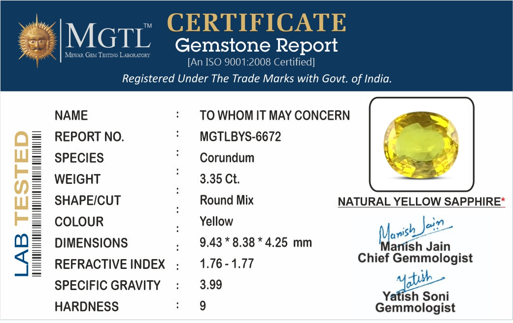 Thailand Yellow Sapphire - 3.35 Carat Limited Quality BYS-6672