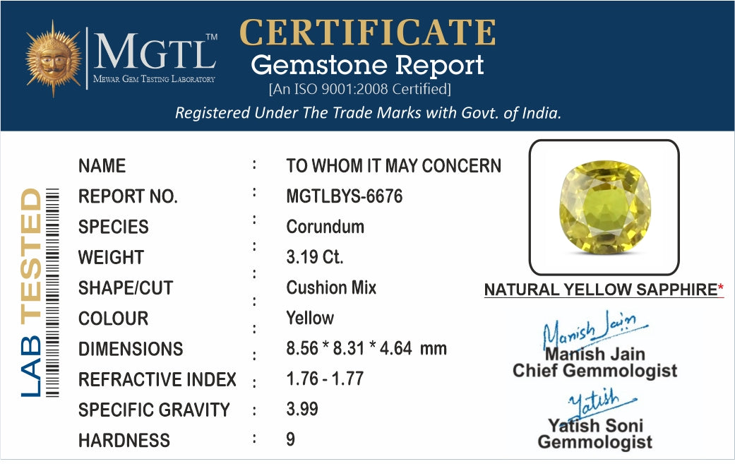 Thailand Yellow Sapphire - 3.19 Carat Limited Quality BYS-6676