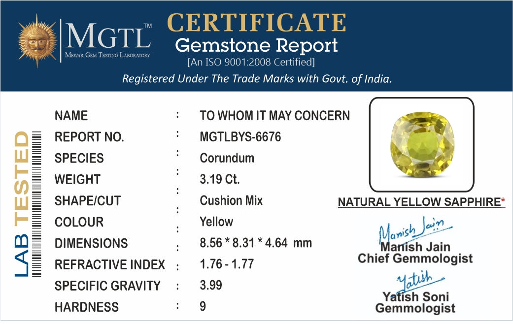 Thailand Yellow Sapphire - 3.19 Carat Limited Quality BYS-6676