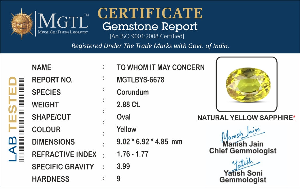 Thailand Yellow Sapphire - 2.88 Carat Limited Quality BYS-6678