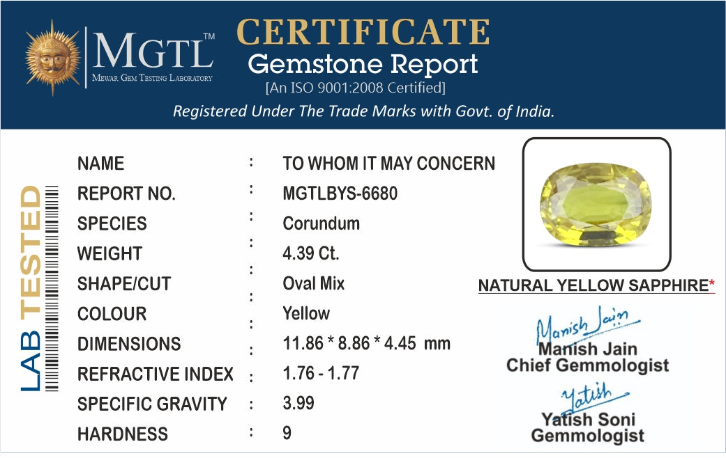 Thailand Yellow Sapphire - 4.39 Carat Limited Quality BYS-6680