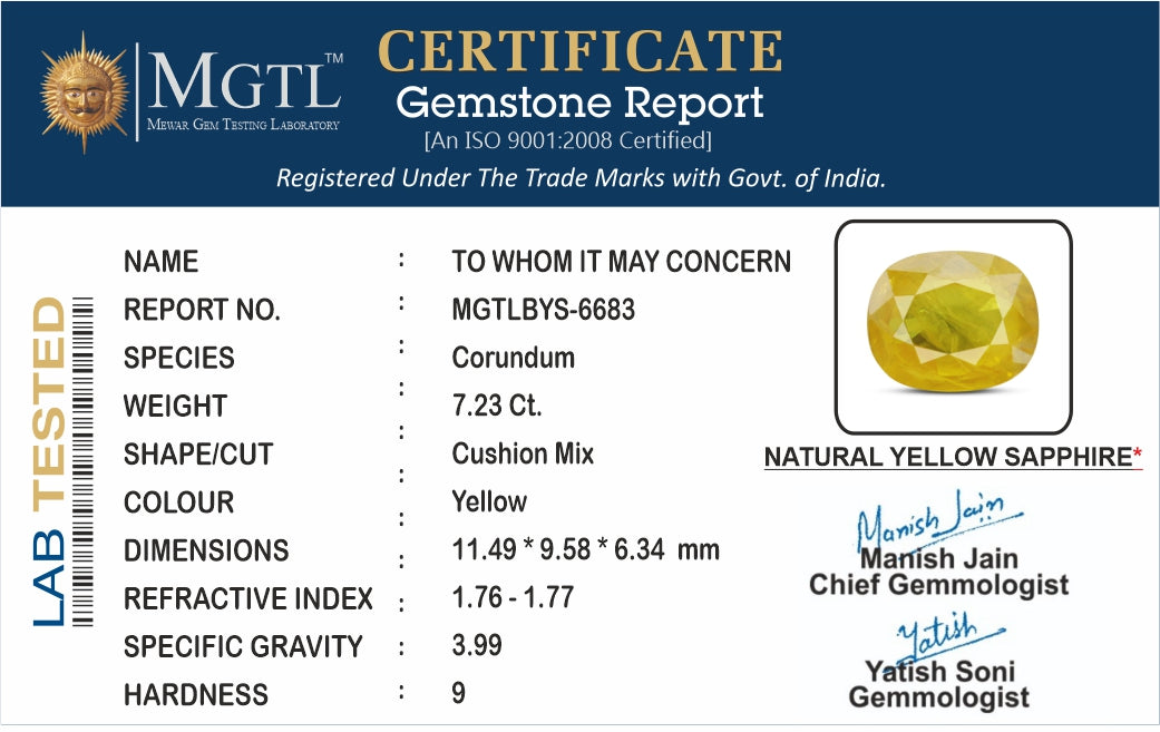 Thailand Yellow Sapphire - 7.23 Carat Prime Quality BYS-6683