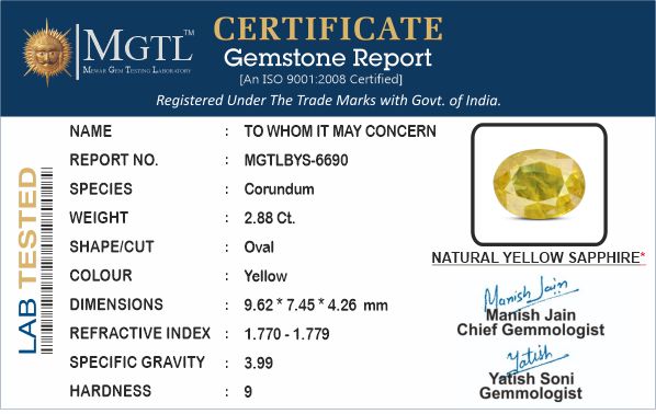 Thailand Yellow Sapphire - 2.88 Carat Prime Quality BYS-6690