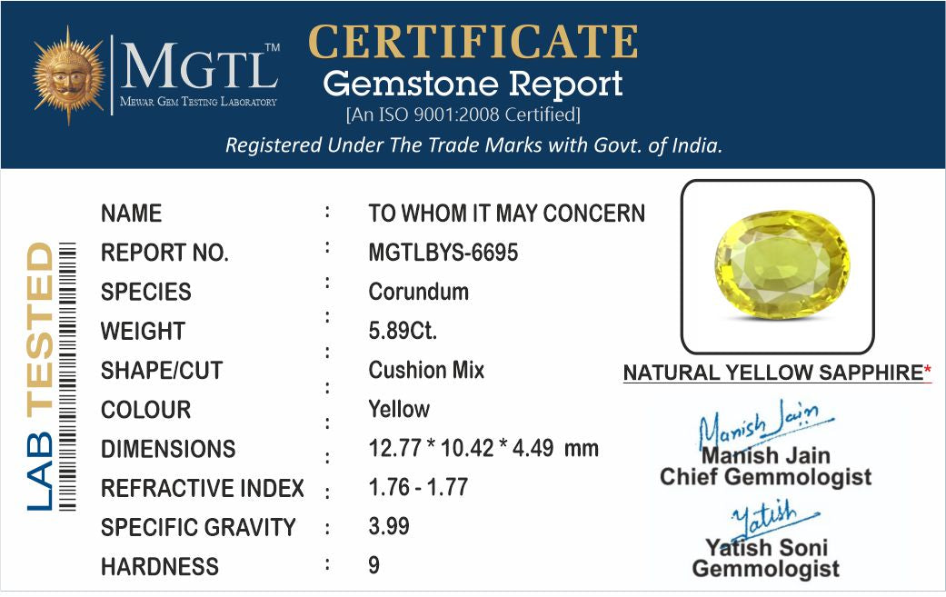 Thailand Yellow Sapphire - 5.89 Carat Limited Quality BYS-6695