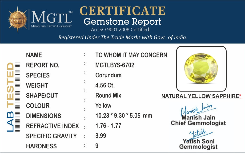 Thailand Yellow Sapphire - 4.56 Carat Rare Quality BYS-6702