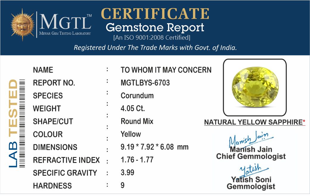 Thailand Yellow Sapphire - 4.05 Carat Limited Quality BYS-6703