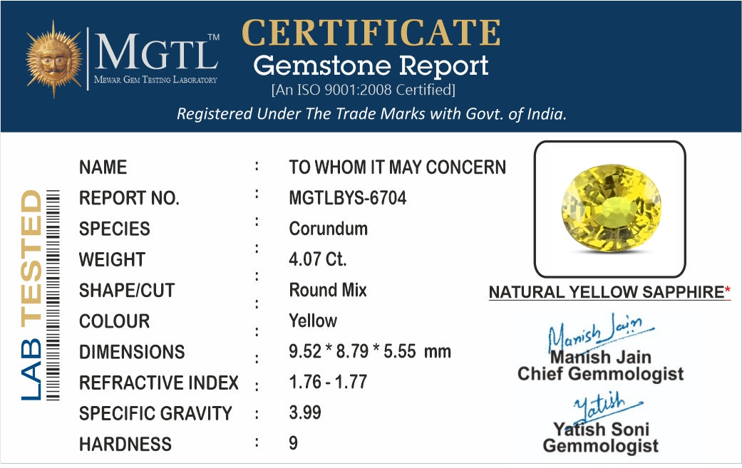 Thailand Yellow Sapphire - 4.07 Carat Rare Quality BYS-6704