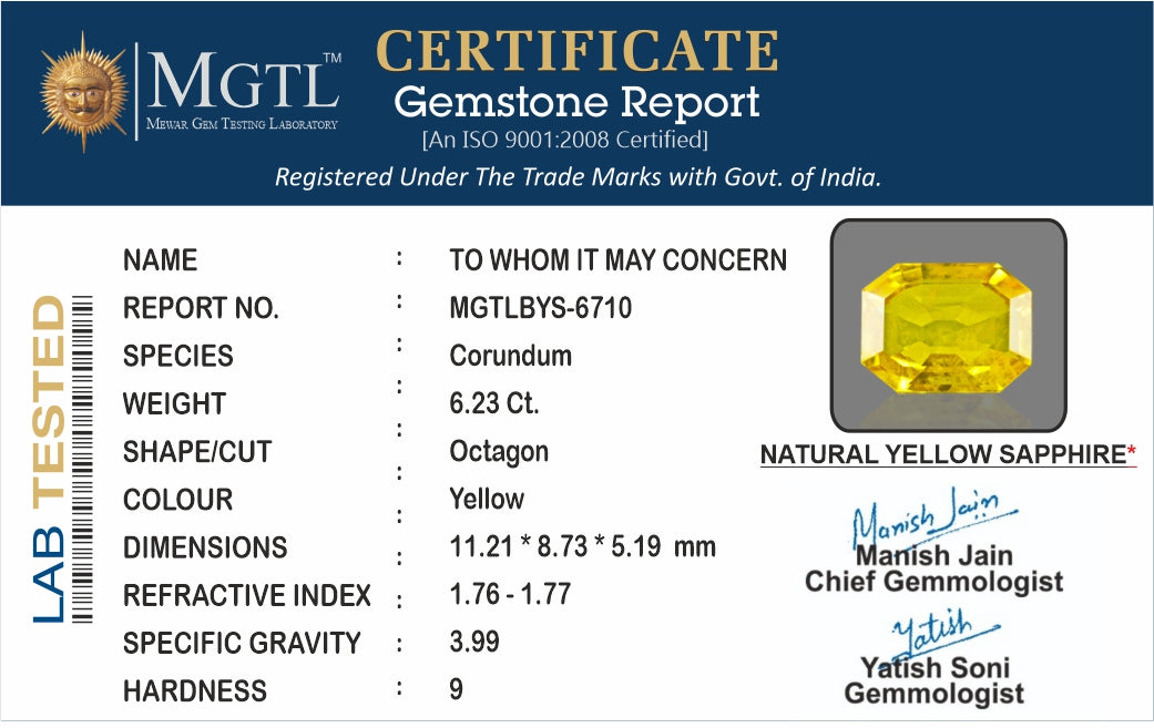 Thailand Yellow Sapphire - 6.23 Carat Limited Quality BYS-6710