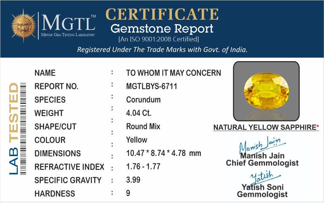 Thailand Yellow Sapphire - 4.04 Carat Prime Quality BYS-6711