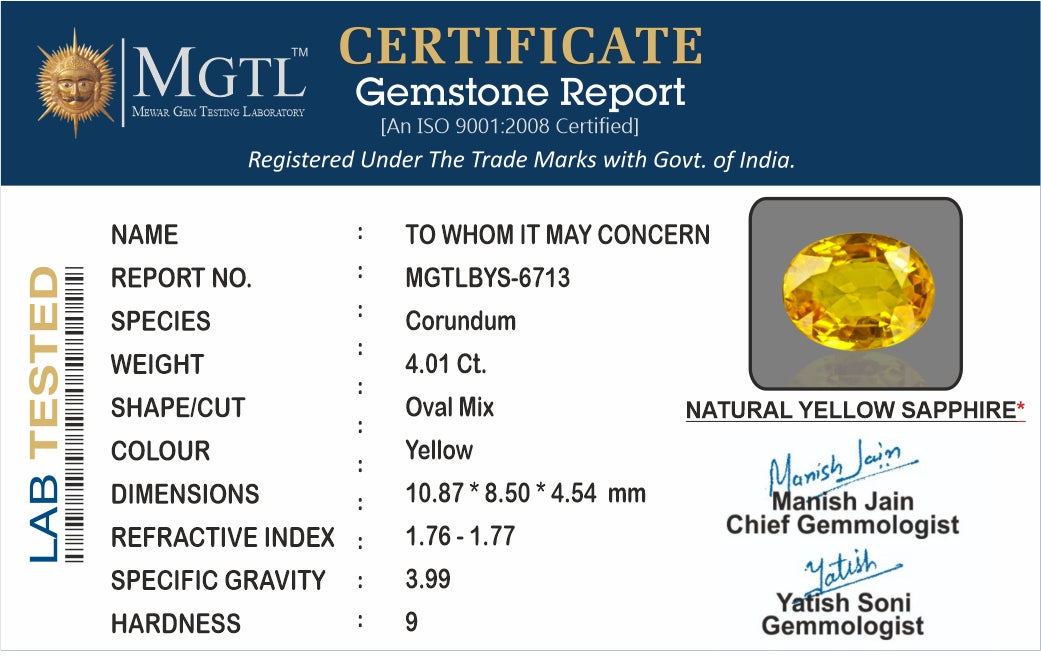 Thailand Yellow Sapphire - 4.01 Carat Prime Quality BYS-6713