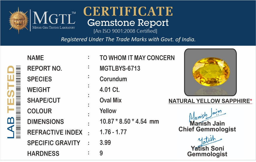 Thailand Yellow Sapphire - 4.01 Carat Prime Quality BYS-6713