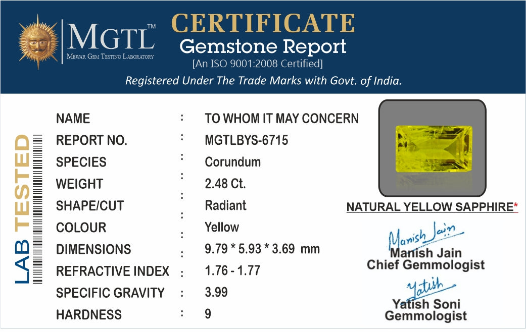 Thailand Yellow Sapphire - 2.48 Carat Fine Quality BYS-6715