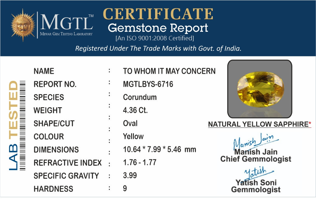 Thailand Yellow Sapphire - 4.36 Carat Prime Quality BYS-6716
