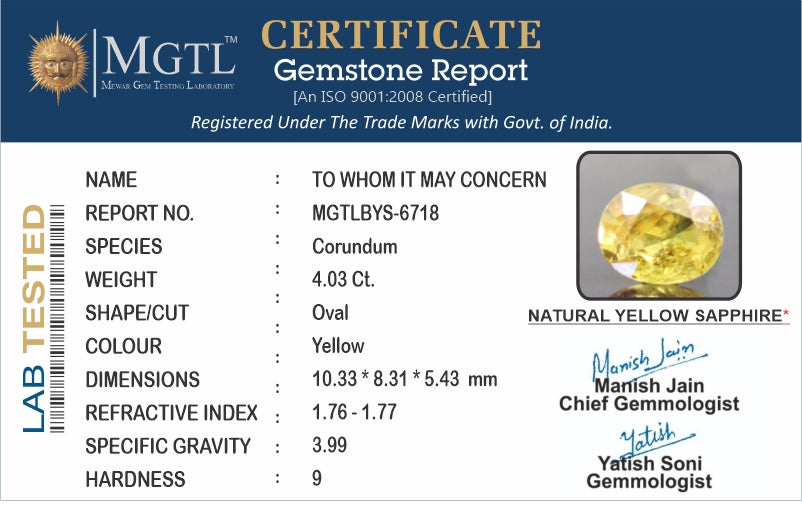 Thailand Yellow Sapphire - 4.03 Carat Limited Quality BYS-6718