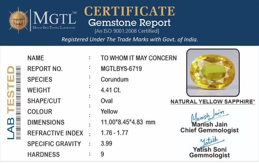 Thailand Yellow Sapphire - 4.41 Carat Limited Quality BYS-6719