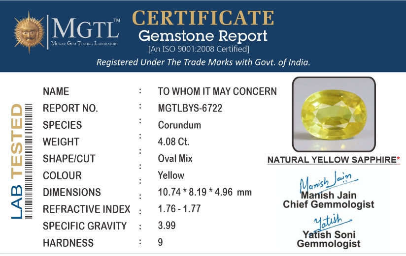 Thailand Yellow Sapphire - 4.08 Carat Limited Quality BYS-6722