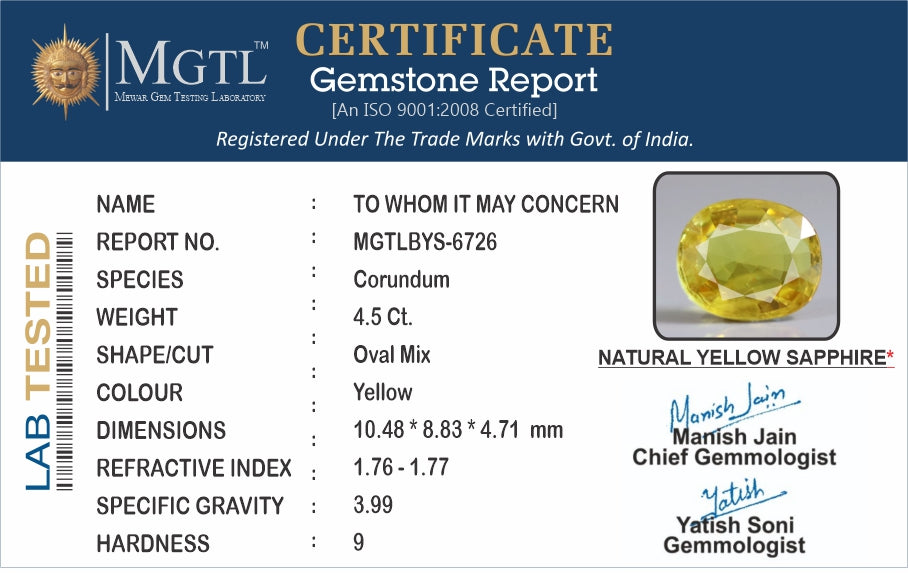 Thailand Yellow Sapphire - 4.5 Carat Limited Quality BYS-6726