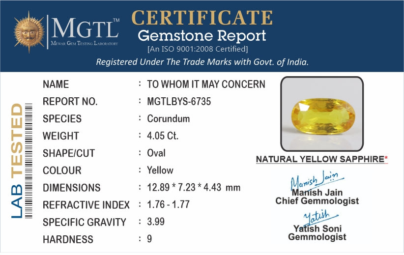 Thailand Yellow Sapphire - 4.05 Carat Limited Quality BYS-6735