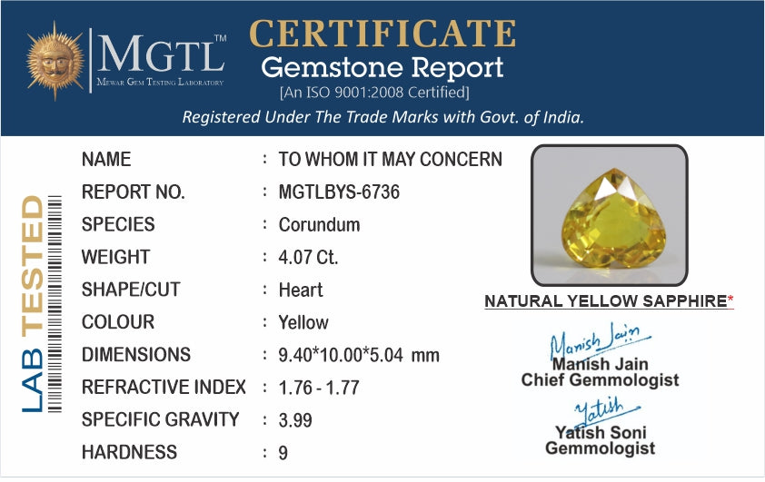 Thailand Yellow Sapphire - 4.07 Carat Limited Quality BYS-6736