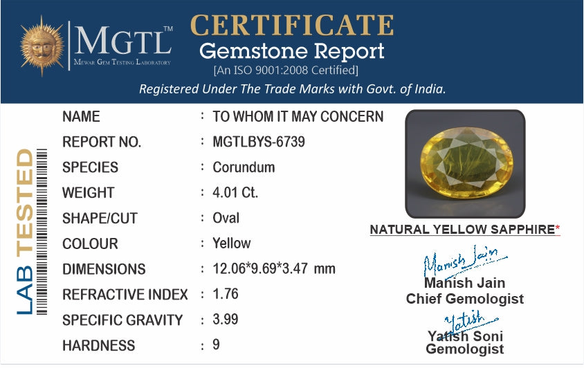 Thailand Yellow Sapphire -  4.01 Carat Prime-Quality  BYS-6739
